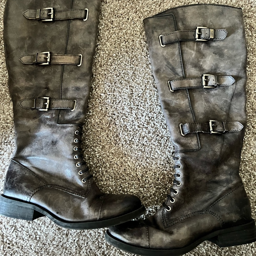 Washed Gray buckled combat boots by Vince Camuto, size 6.5